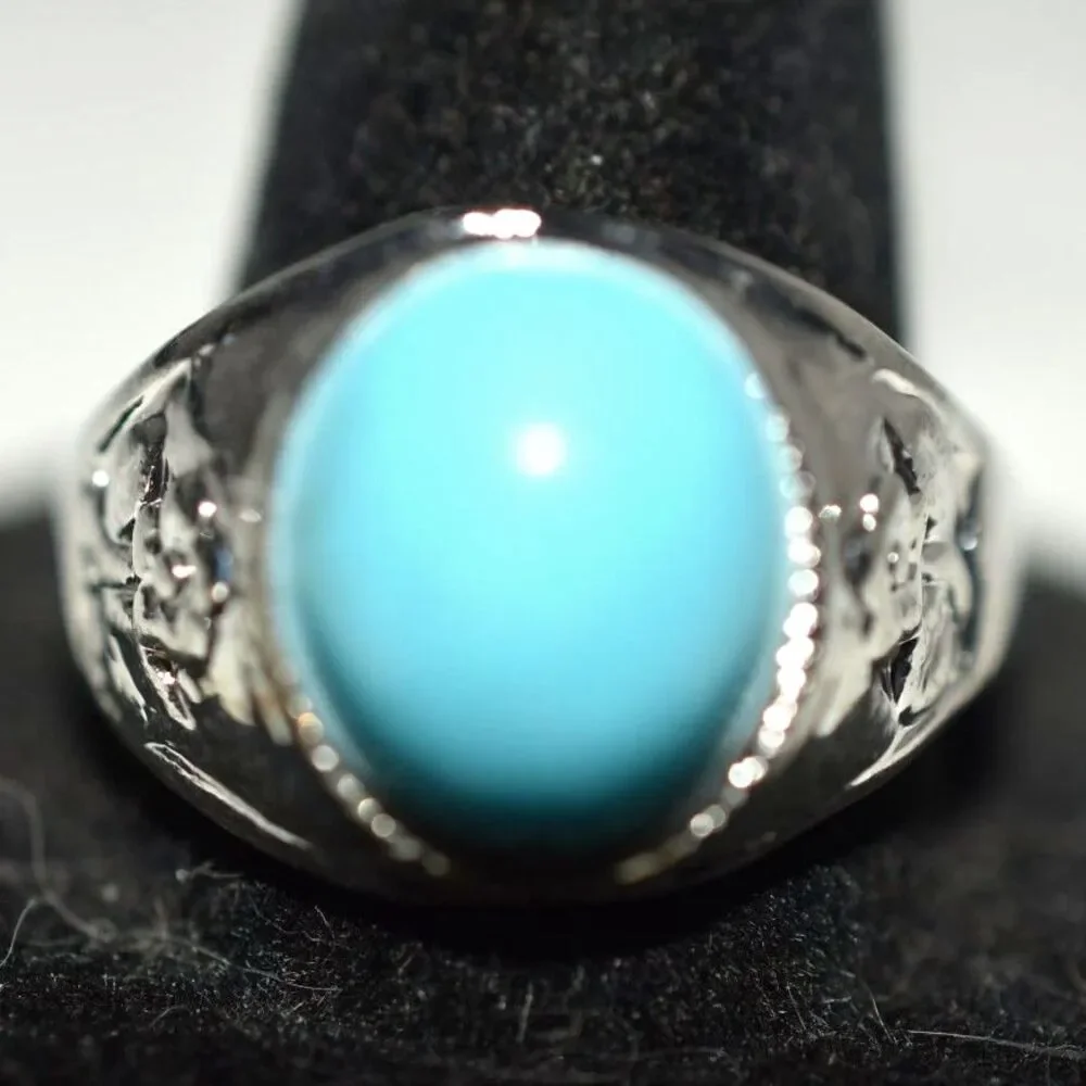 Trendy Robin Egg Blue Oval Stone Flower Etched Silver Tone Sizes 10,11 &13 Rings